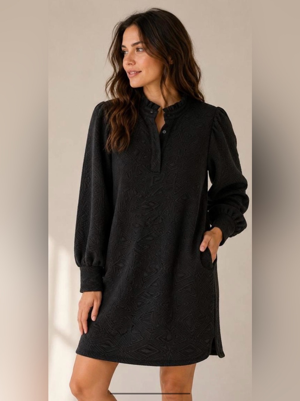 THML Black Textured Ruffle-Neck Midi Dress
